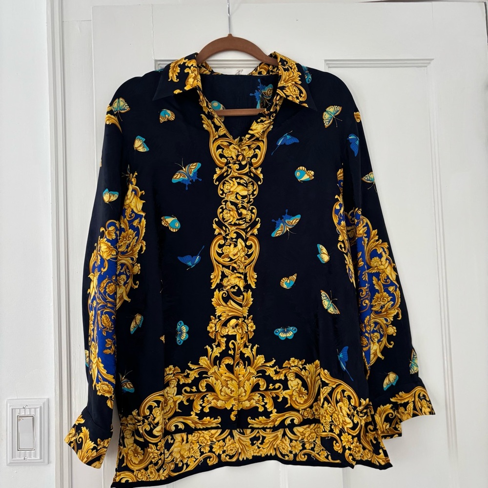 Elegant Navy and Gold Blouse with Butterfly Design